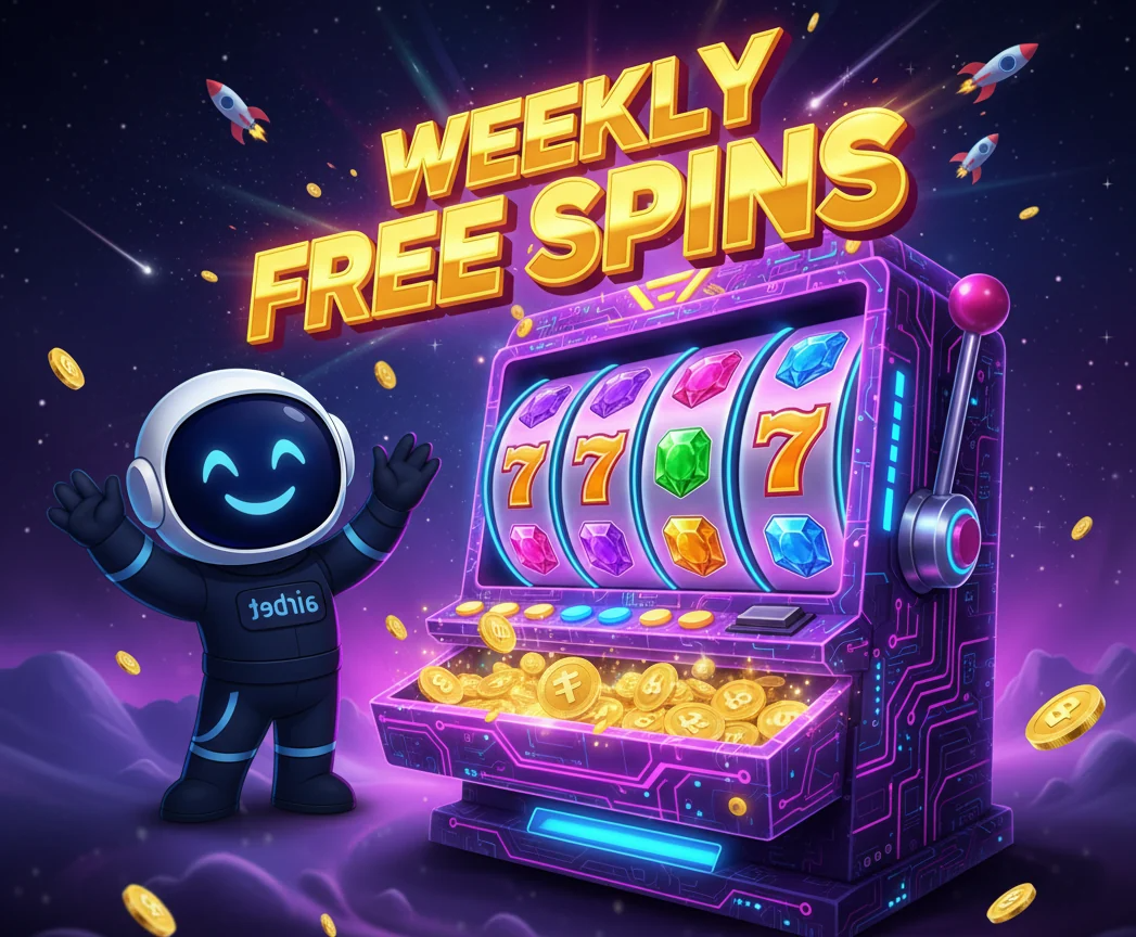 astronauta mascotte di airbet con una slot machine e i giri gratuiti settimanali